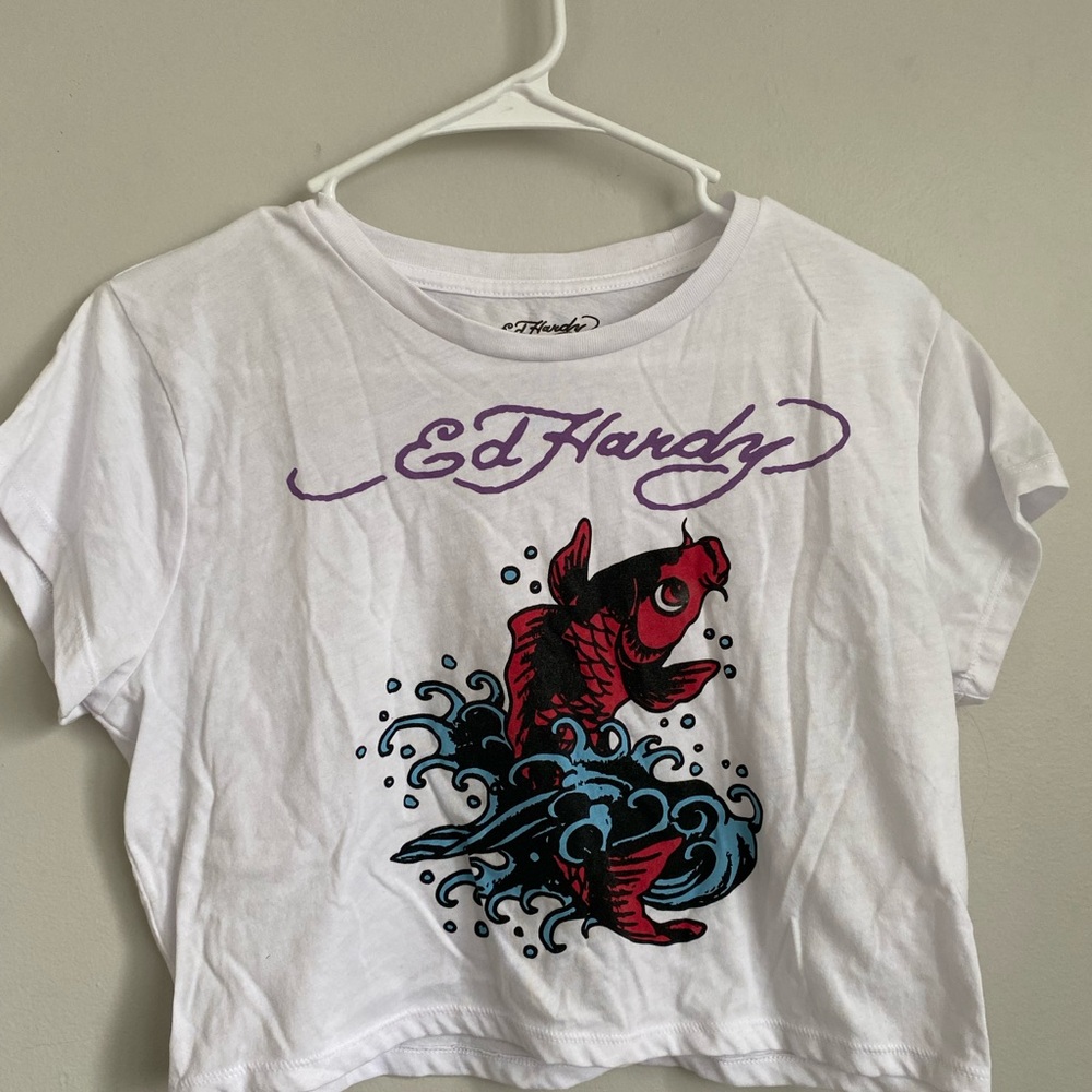 Ed Hardy White Fish Graphic T-Shirt